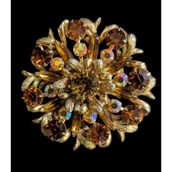 Vintage Gold-Tone Floral Brooch W/ Brown Rhinestones & Aurora Borealis Accents 2 - Picture 1 of 7